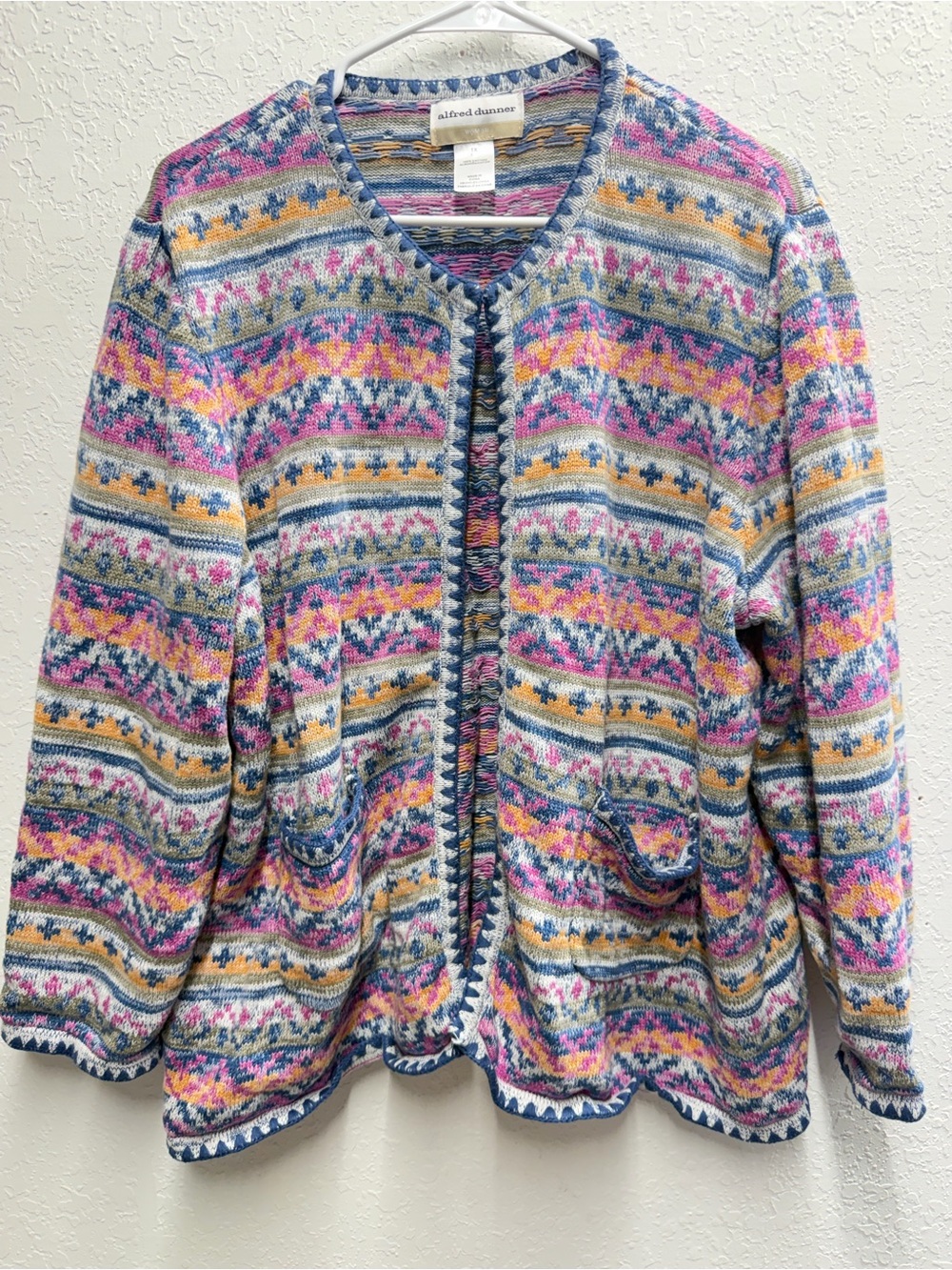 Imperfect multicolor fair isle knit cardigan grandma grannycore pockets 1X